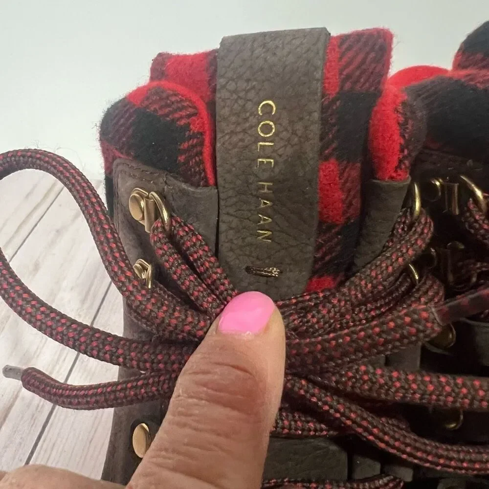 Cole Haan Grand Explore Brown Suede Ankle Boots Wool Buffalo Plaid Red Black Sz
